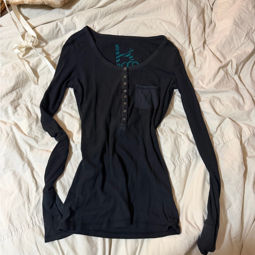 Kirra Black Ribbed Long Sleeve Henley with Snap Placket